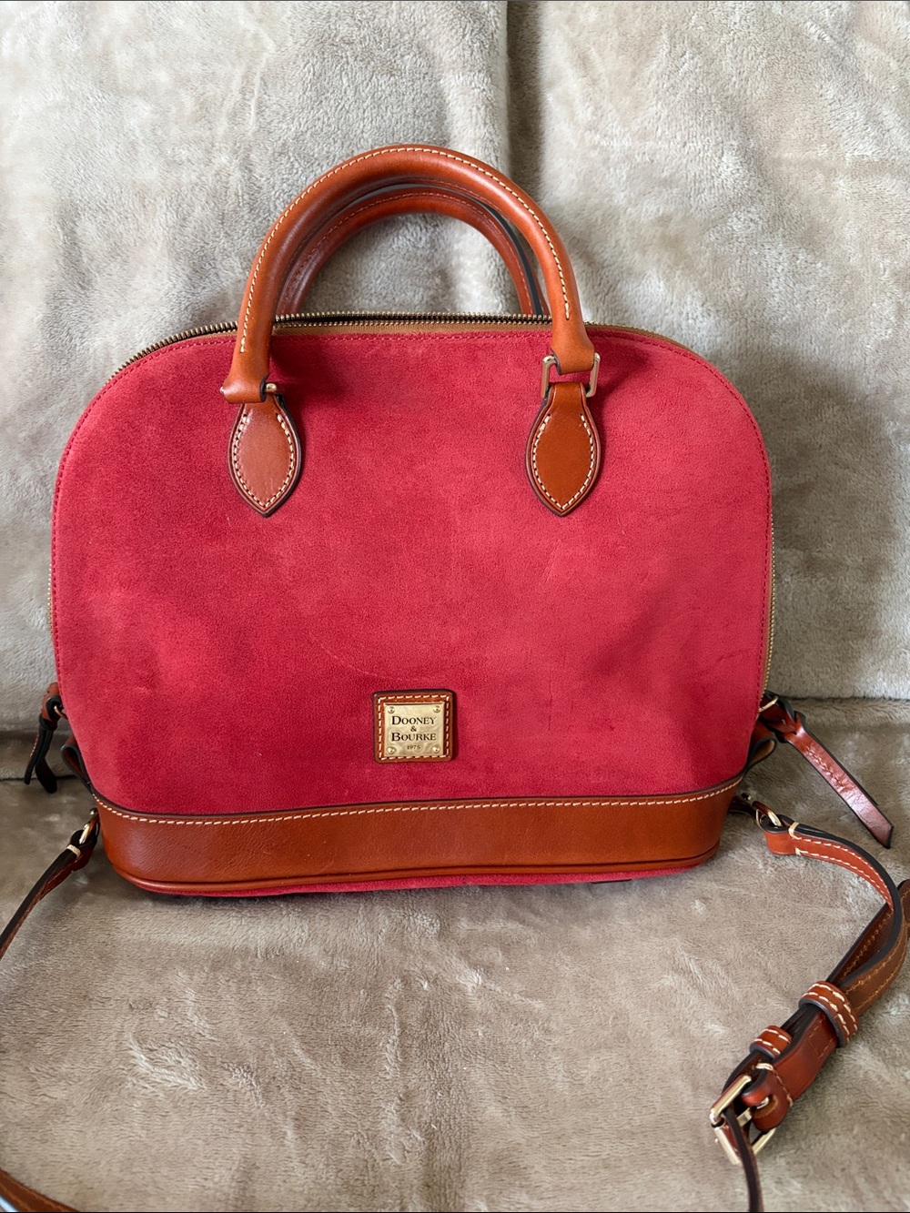 Vintage Dooney & Bourke Red Suede Satchel with Brown Leather Trim